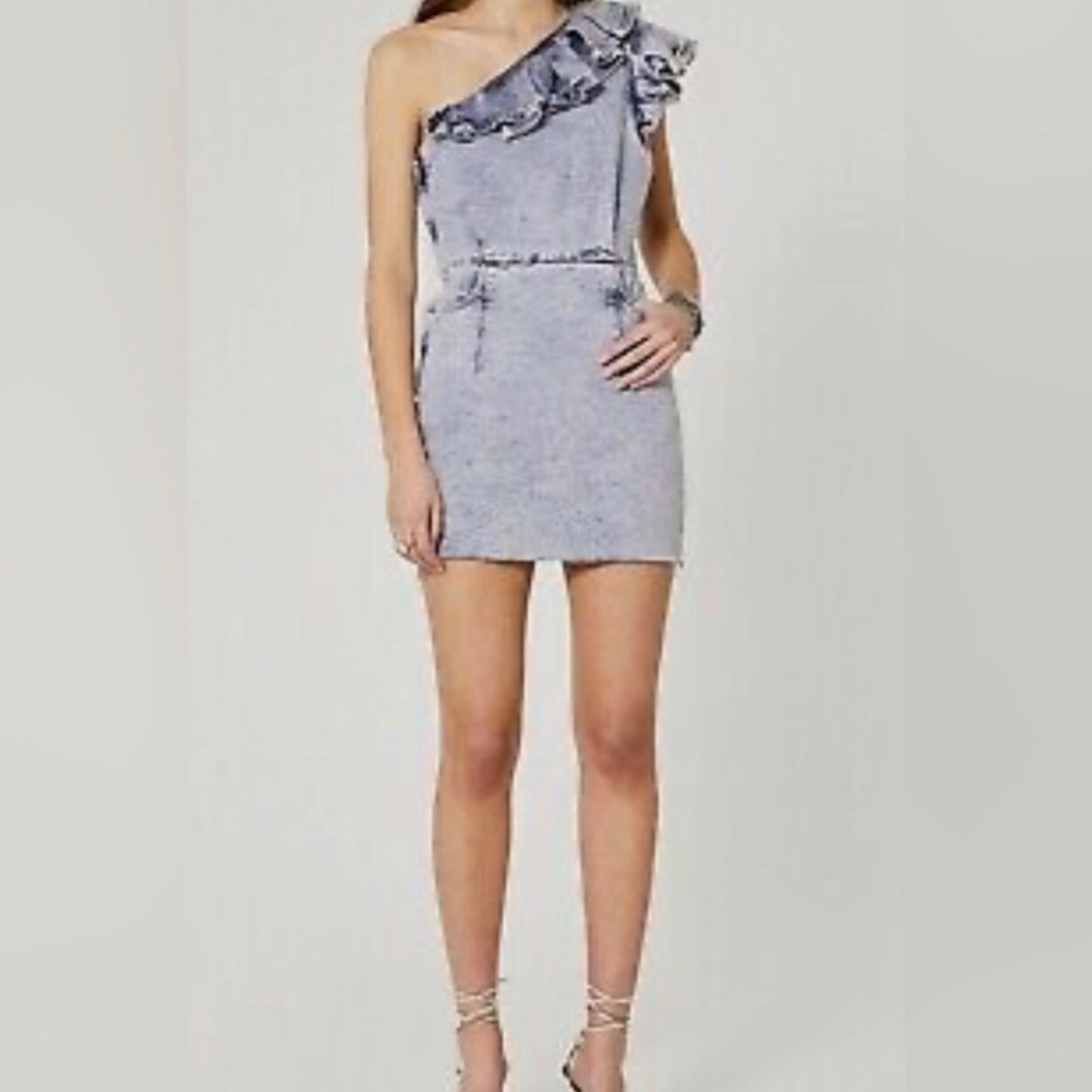 IRO Paris Sagama One Shoulder Ruffled Denim Summer Blue Mini Dress 10 MSPR $665
